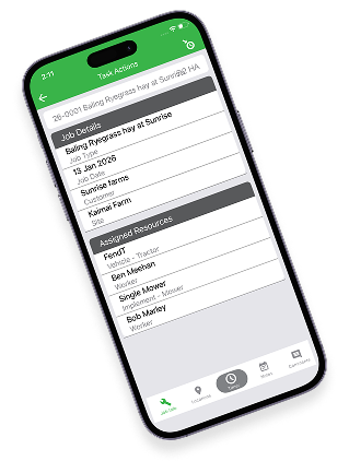 JobFlow mobile app showing task details and assigned resources